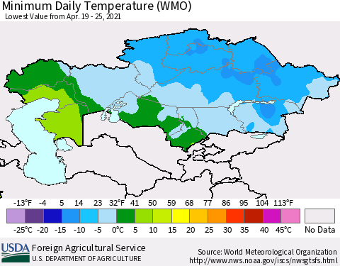 Kazakhstan Minimum Daily Temperature (WMO) Thematic Map For 4/19/2021 - 4/25/2021