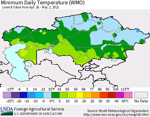 Kazakhstan Minimum Daily Temperature (WMO) Thematic Map For 4/26/2021 - 5/2/2021