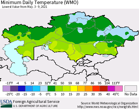 Kazakhstan Minimum Daily Temperature (WMO) Thematic Map For 5/3/2021 - 5/9/2021