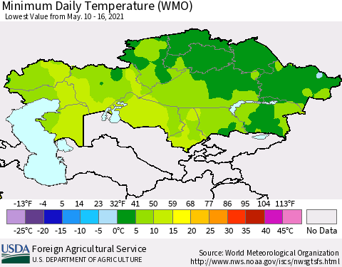 Kazakhstan Minimum Daily Temperature (WMO) Thematic Map For 5/10/2021 - 5/16/2021