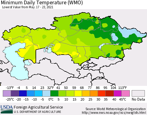 Kazakhstan Minimum Daily Temperature (WMO) Thematic Map For 5/17/2021 - 5/23/2021