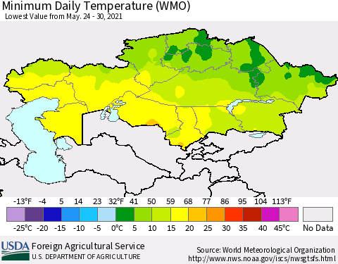Kazakhstan Minimum Daily Temperature (WMO) Thematic Map For 5/24/2021 - 5/30/2021