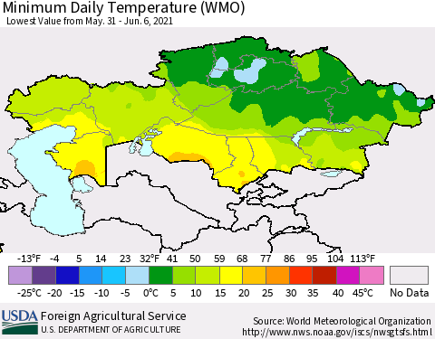 Kazakhstan Minimum Daily Temperature (WMO) Thematic Map For 5/31/2021 - 6/6/2021