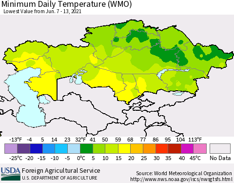Kazakhstan Minimum Daily Temperature (WMO) Thematic Map For 6/7/2021 - 6/13/2021