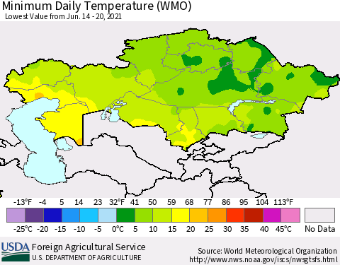 Kazakhstan Minimum Daily Temperature (WMO) Thematic Map For 6/14/2021 - 6/20/2021