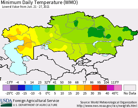 Kazakhstan Minimum Daily Temperature (WMO) Thematic Map For 6/21/2021 - 6/27/2021