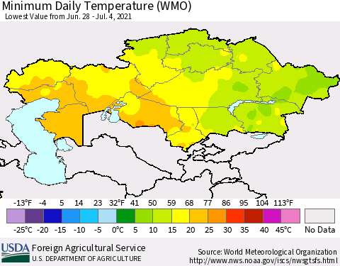 Kazakhstan Minimum Daily Temperature (WMO) Thematic Map For 6/28/2021 - 7/4/2021