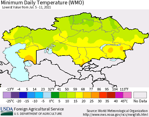 Kazakhstan Minimum Daily Temperature (WMO) Thematic Map For 7/5/2021 - 7/11/2021
