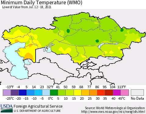 Kazakhstan Minimum Daily Temperature (WMO) Thematic Map For 7/12/2021 - 7/18/2021