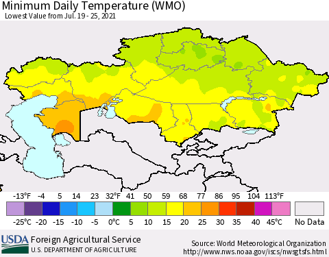 Kazakhstan Minimum Daily Temperature (WMO) Thematic Map For 7/19/2021 - 7/25/2021