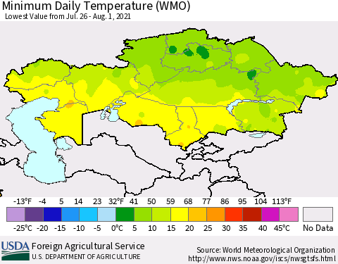 Kazakhstan Minimum Daily Temperature (WMO) Thematic Map For 7/26/2021 - 8/1/2021