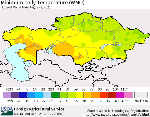 Kazakhstan Minimum Daily Temperature (WMO) Thematic Map For 8/2/2021 - 8/8/2021