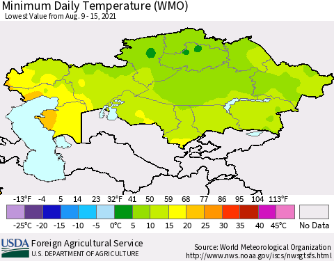 Kazakhstan Minimum Daily Temperature (WMO) Thematic Map For 8/9/2021 - 8/15/2021