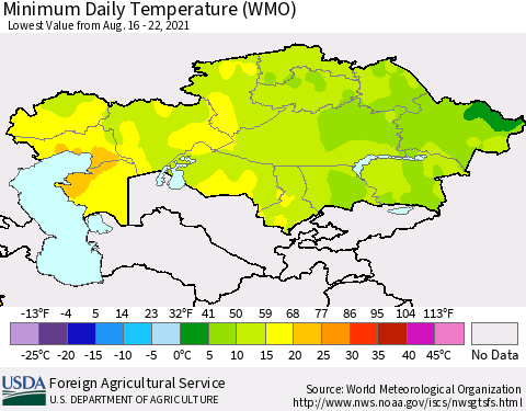 Kazakhstan Minimum Daily Temperature (WMO) Thematic Map For 8/16/2021 - 8/22/2021