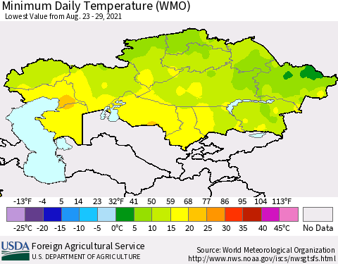 Kazakhstan Minimum Daily Temperature (WMO) Thematic Map For 8/23/2021 - 8/29/2021