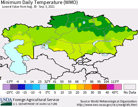 Kazakhstan Minimum Daily Temperature (WMO) Thematic Map For 8/30/2021 - 9/5/2021