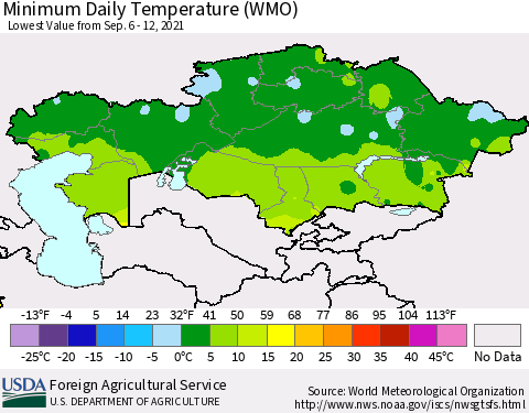 Kazakhstan Minimum Daily Temperature (WMO) Thematic Map For 9/6/2021 - 9/12/2021