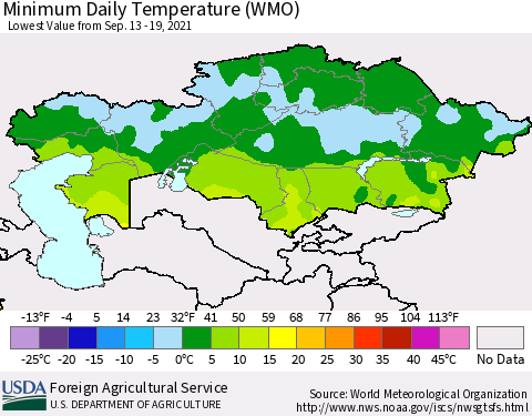 Kazakhstan Minimum Daily Temperature (WMO) Thematic Map For 9/13/2021 - 9/19/2021