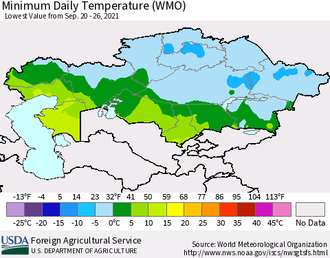 Kazakhstan Minimum Daily Temperature (WMO) Thematic Map For 9/20/2021 - 9/26/2021