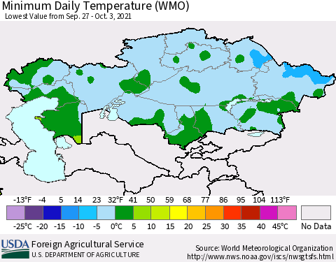 Kazakhstan Minimum Daily Temperature (WMO) Thematic Map For 9/27/2021 - 10/3/2021