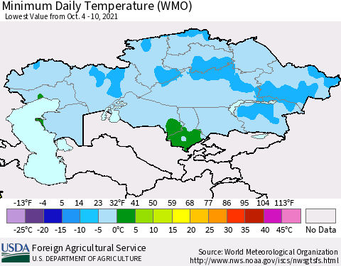 Kazakhstan Minimum Daily Temperature (WMO) Thematic Map For 10/4/2021 - 10/10/2021