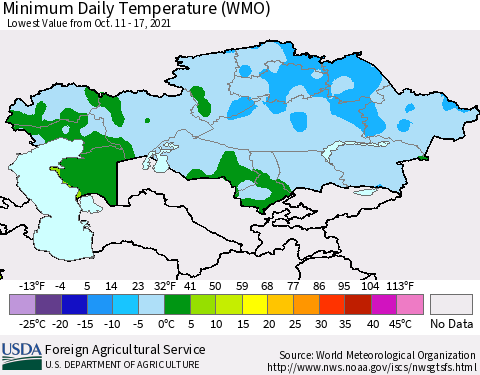 Kazakhstan Minimum Daily Temperature (WMO) Thematic Map For 10/11/2021 - 10/17/2021