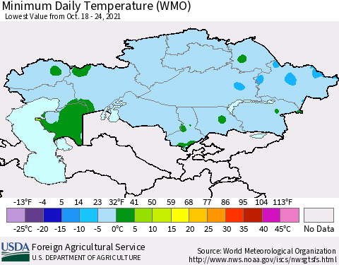 Kazakhstan Minimum Daily Temperature (WMO) Thematic Map For 10/18/2021 - 10/24/2021