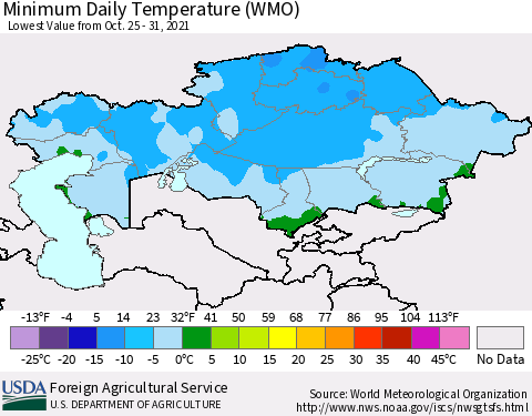 Kazakhstan Minimum Daily Temperature (WMO) Thematic Map For 10/25/2021 - 10/31/2021