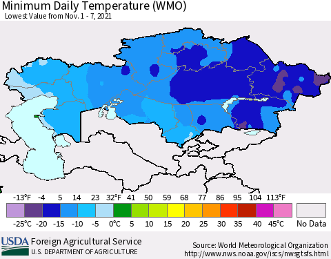 Kazakhstan Minimum Daily Temperature (WMO) Thematic Map For 11/1/2021 - 11/7/2021