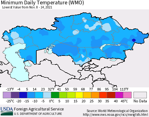 Kazakhstan Minimum Daily Temperature (WMO) Thematic Map For 11/8/2021 - 11/14/2021