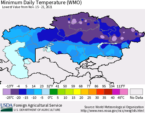 Kazakhstan Minimum Daily Temperature (WMO) Thematic Map For 11/15/2021 - 11/21/2021