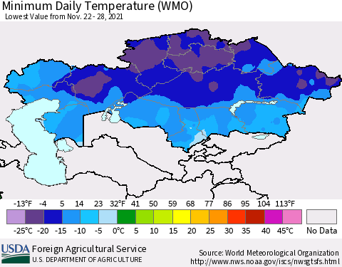 Kazakhstan Minimum Daily Temperature (WMO) Thematic Map For 11/22/2021 - 11/28/2021