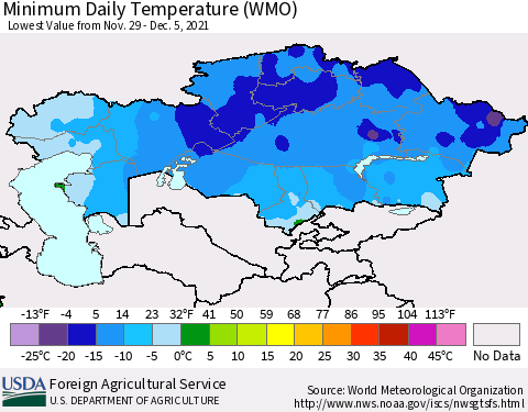 Kazakhstan Minimum Daily Temperature (WMO) Thematic Map For 11/29/2021 - 12/5/2021