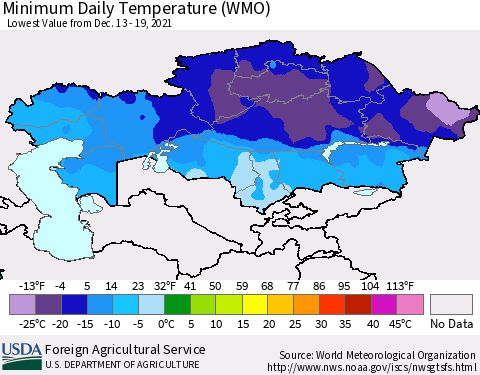 Kazakhstan Minimum Daily Temperature (WMO) Thematic Map For 12/13/2021 - 12/19/2021