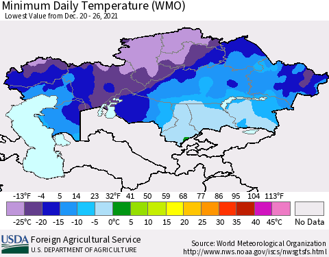 Kazakhstan Minimum Daily Temperature (WMO) Thematic Map For 12/20/2021 - 12/26/2021