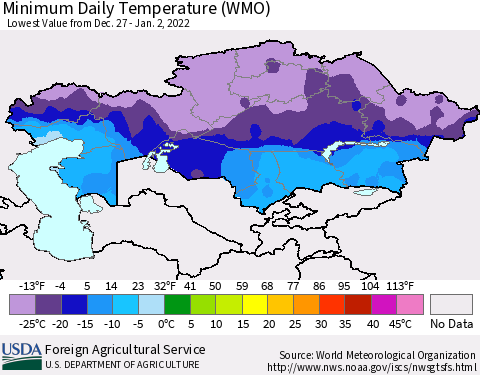 Kazakhstan Minimum Daily Temperature (WMO) Thematic Map For 12/27/2021 - 1/2/2022