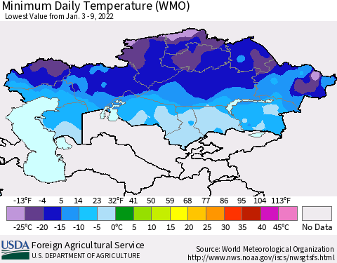 Kazakhstan Minimum Daily Temperature (WMO) Thematic Map For 1/3/2022 - 1/9/2022