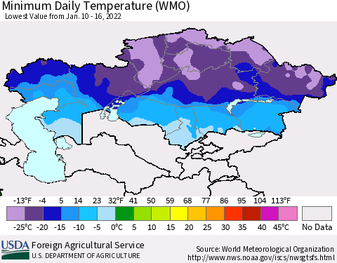 Kazakhstan Minimum Daily Temperature (WMO) Thematic Map For 1/10/2022 - 1/16/2022
