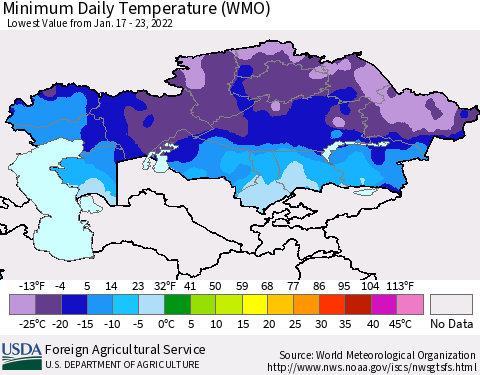 Kazakhstan Minimum Daily Temperature (WMO) Thematic Map For 1/17/2022 - 1/23/2022
