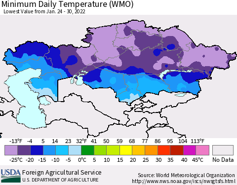 Kazakhstan Minimum Daily Temperature (WMO) Thematic Map For 1/24/2022 - 1/30/2022
