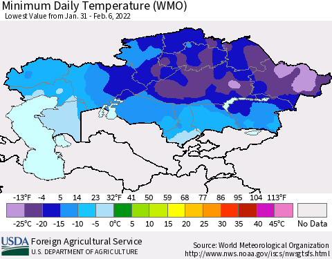 Kazakhstan Minimum Daily Temperature (WMO) Thematic Map For 1/31/2022 - 2/6/2022