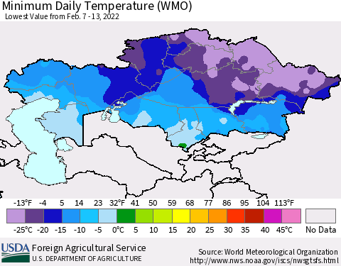 Kazakhstan Minimum Daily Temperature (WMO) Thematic Map For 2/7/2022 - 2/13/2022