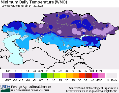 Kazakhstan Minimum Daily Temperature (WMO) Thematic Map For 2/14/2022 - 2/20/2022