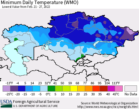 Kazakhstan Minimum Daily Temperature (WMO) Thematic Map For 2/21/2022 - 2/27/2022