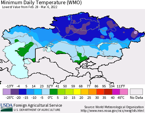 Kazakhstan Minimum Daily Temperature (WMO) Thematic Map For 2/28/2022 - 3/6/2022