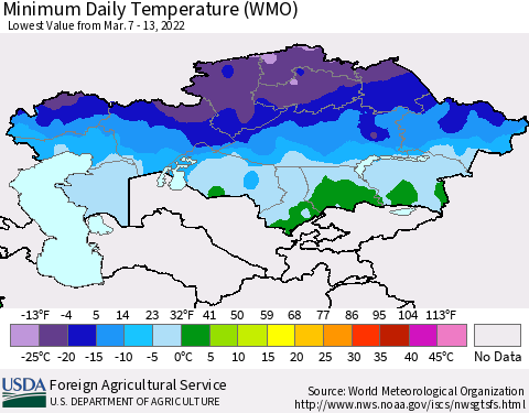 Kazakhstan Minimum Daily Temperature (WMO) Thematic Map For 3/7/2022 - 3/13/2022
