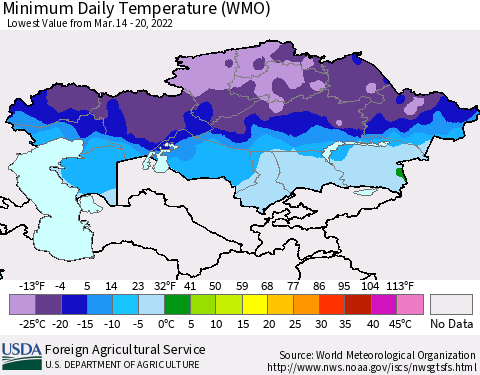 Kazakhstan Minimum Daily Temperature (WMO) Thematic Map For 3/14/2022 - 3/20/2022