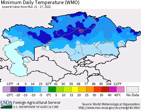 Kazakhstan Minimum Daily Temperature (WMO) Thematic Map For 3/21/2022 - 3/27/2022