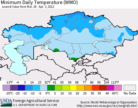 Kazakhstan Minimum Daily Temperature (WMO) Thematic Map For 3/28/2022 - 4/3/2022
