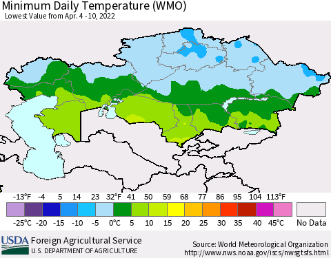Kazakhstan Minimum Daily Temperature (WMO) Thematic Map For 4/4/2022 - 4/10/2022